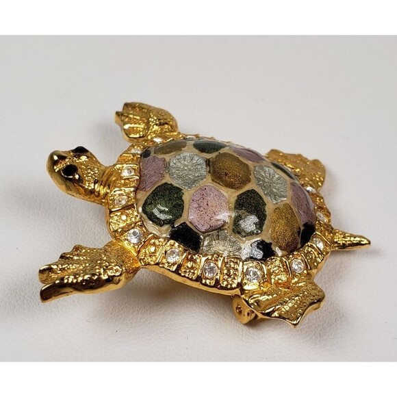 Vintage 1980 St. John Signed Gold Tone  And Rhinestone Elegant Turtle Brooch Pin - Picture 8 of 14